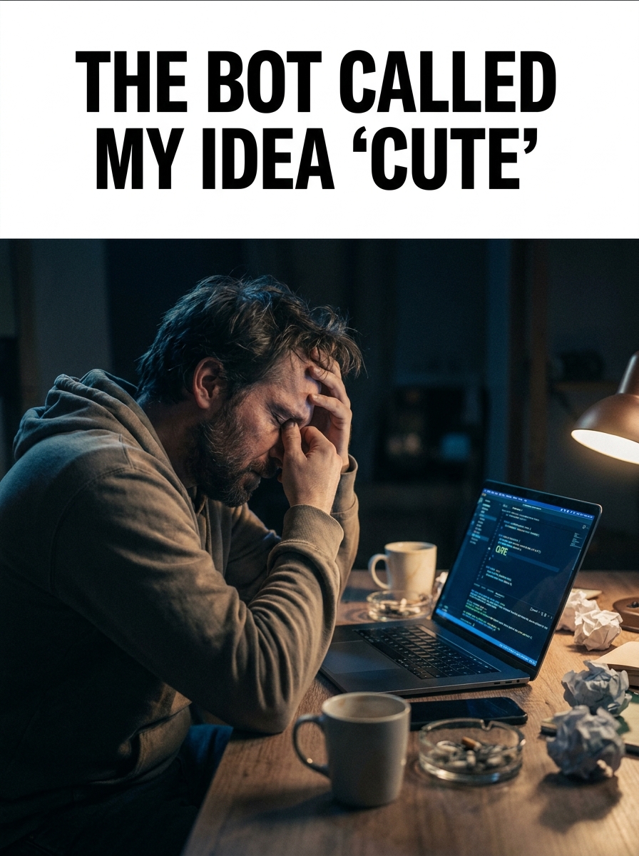 A photorealistic portrait of a stressed man slumped over his desk late at night, staring defeatedly at a laptop screen illuminated by blue light.