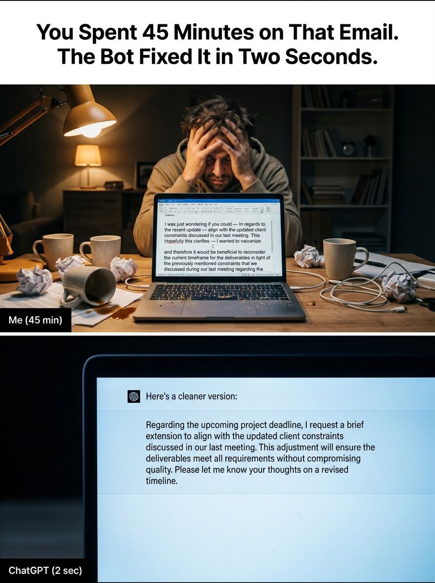 Split-screen: top panel shows a stressed man surrounded by crumpled paper rewriting an email; bottom panel shows a clean laptop screen with one perfect paragraph.