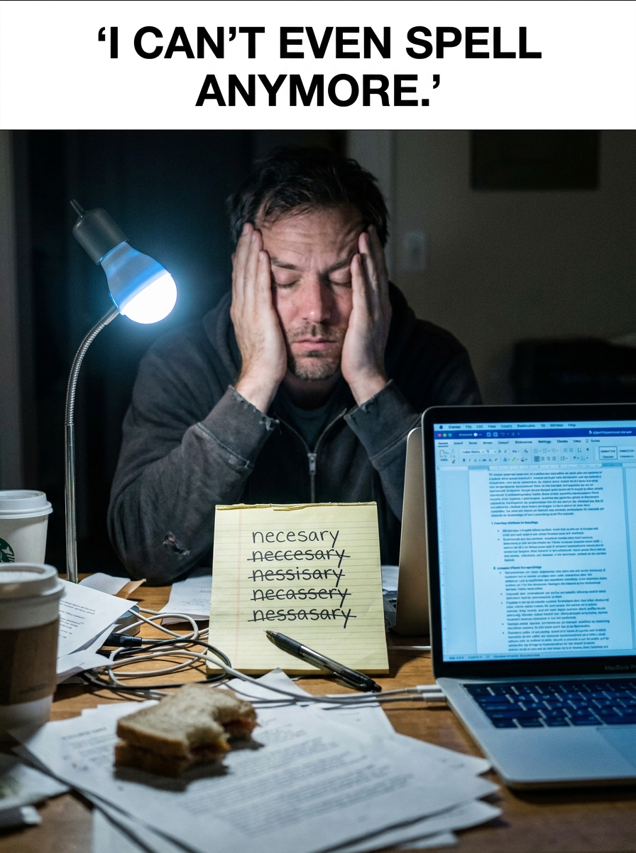 A stressed person with their head in their hands staring at a notepad with misspelled words, next to a laptop showing perfect AI text.