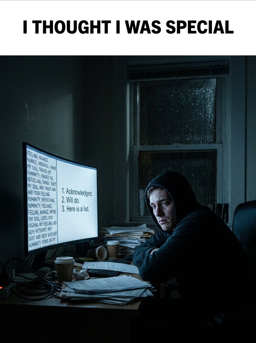 A defeated person staring at a computer screen at night showing their huge text prompt next to a tiny AI response.