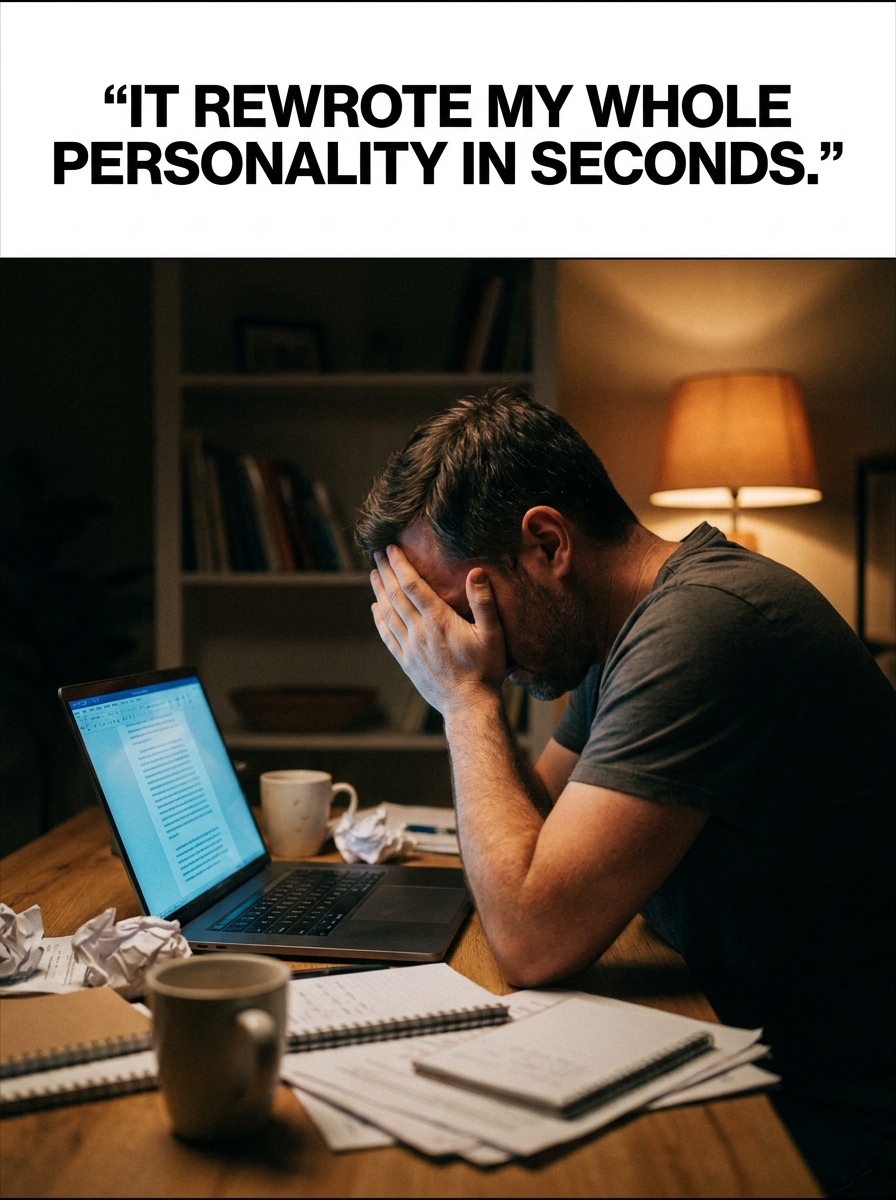 A candid photograph of a defeated man slumped at his cluttered desk late at night, staring blankly at a glowing laptop screen.