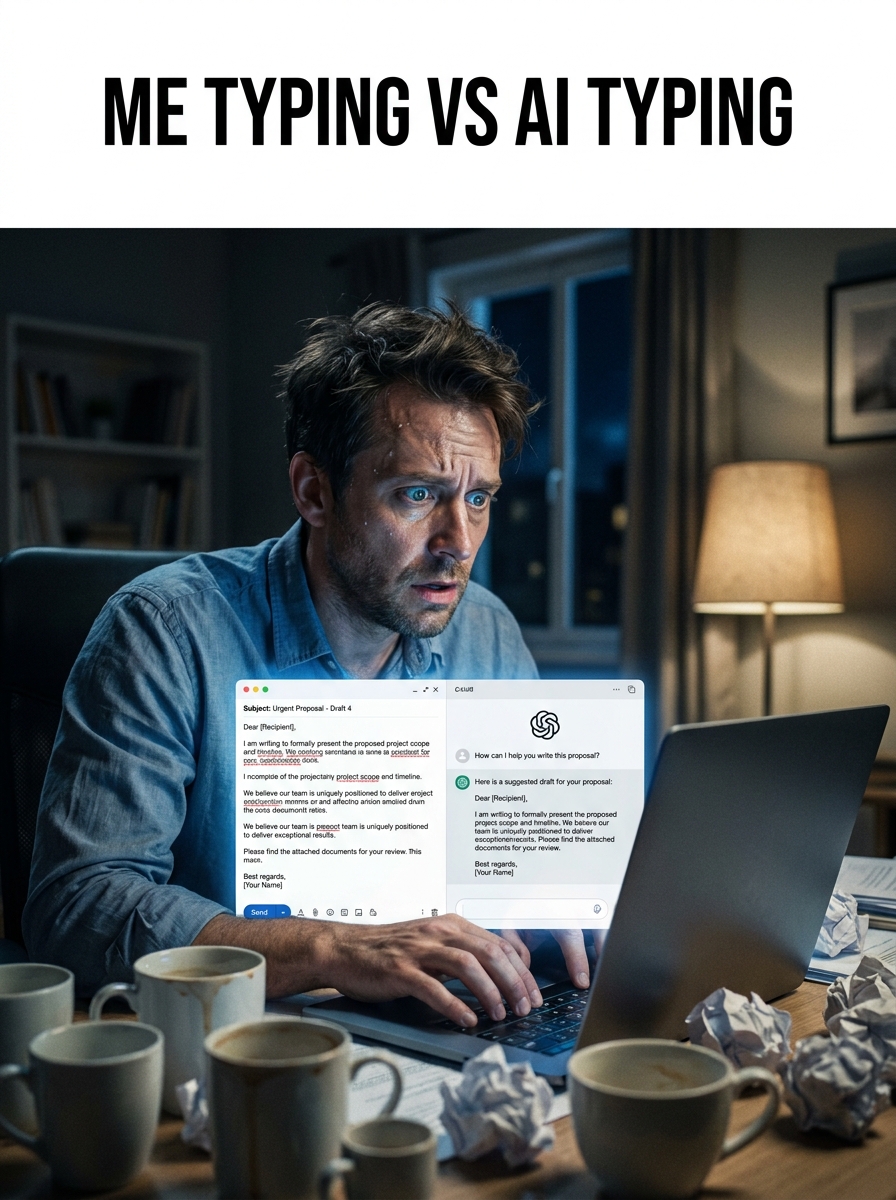 A stressed man hunched over a laptop late at night, looking anxious while the screen shows AI text generation.