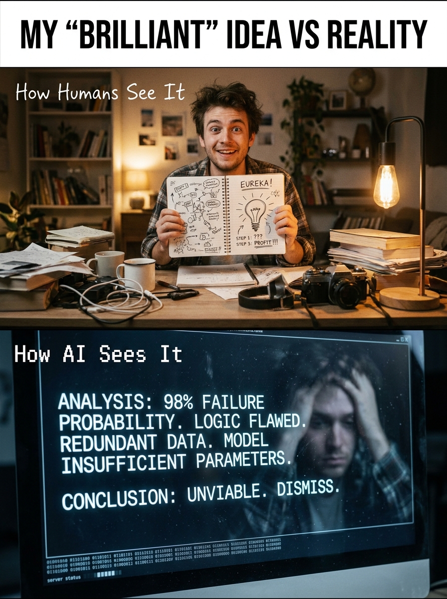 Split-screen meme photograph: Top panel shows a happy man holding a notebook; bottom panel shows a computer screen listing critical errors in cold text.
