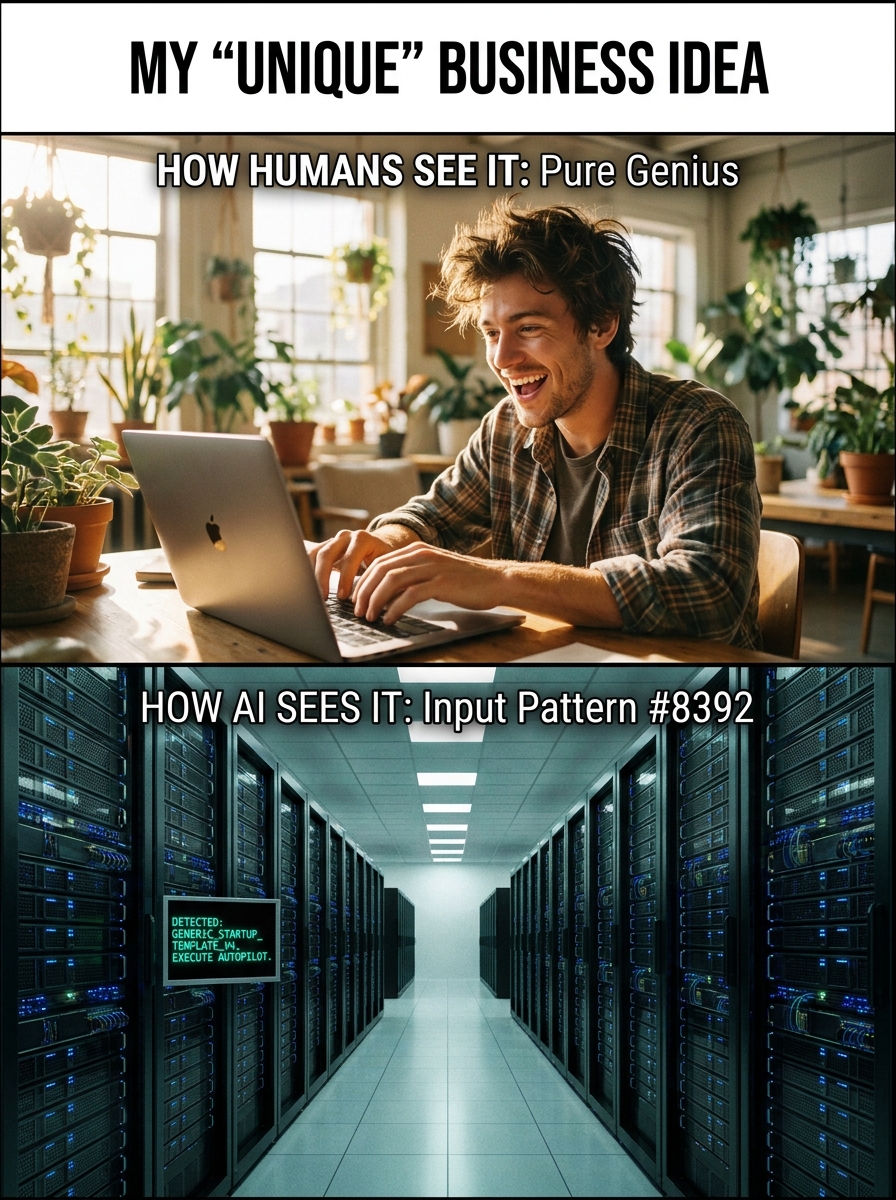 Split-screen photograph. Top panel shows an excited man typing on a laptop in a sunlit room. Bottom panel shows a cold, dark server room with a blinking red light.