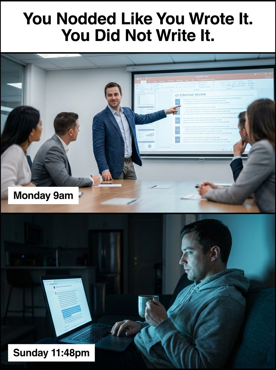 Split-screen: top panel shows a confident man presenting a polished slide deck in a meeting; bottom panel shows the same man at night copy-pasting from an AI chat window.