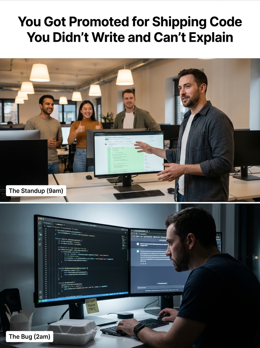 Split-screen: top panel shows a developer confidently presenting their work in a team standup; bottom panel shows the same developer at night reading AI-generated code with a look of complete confusion.