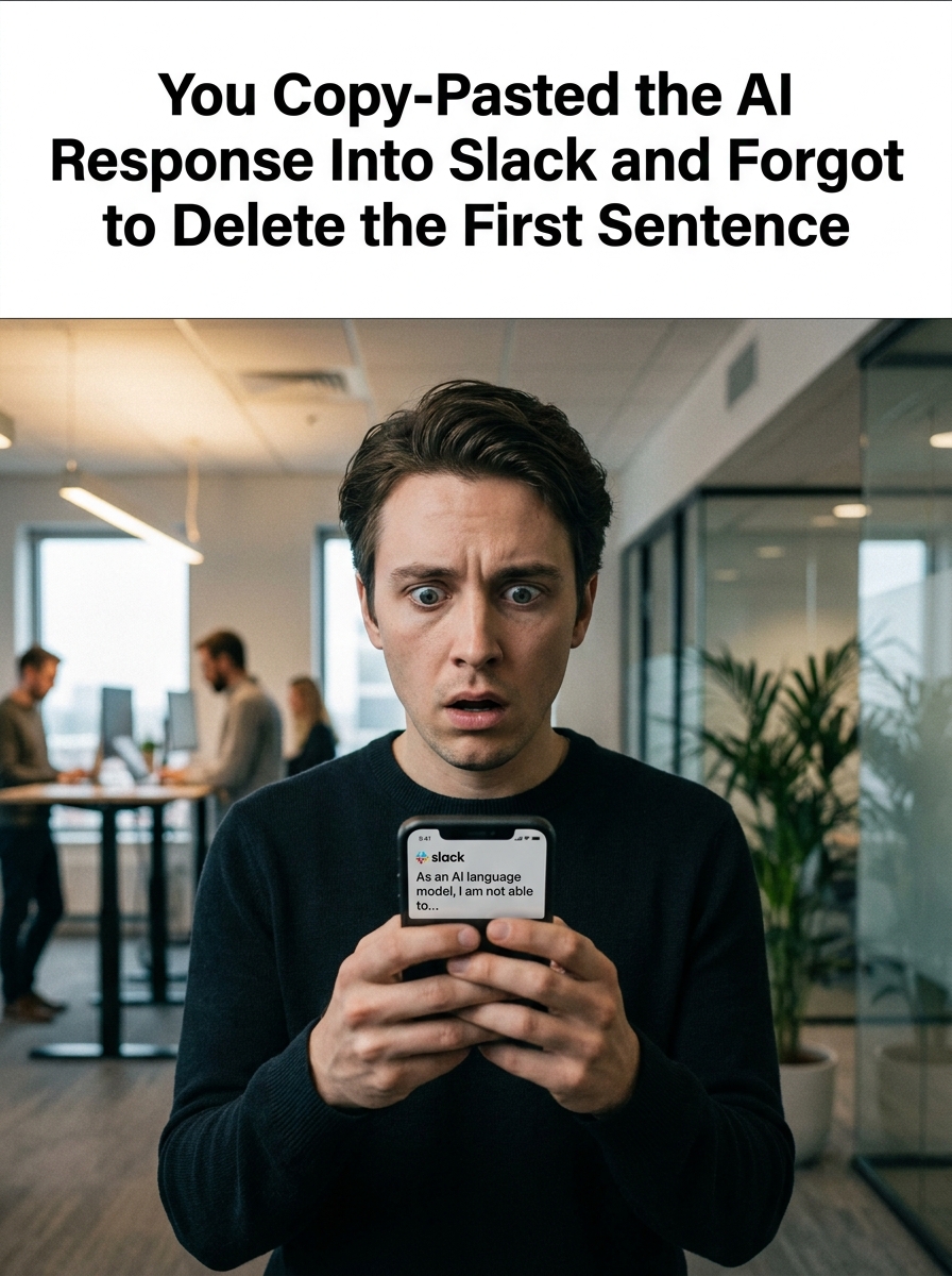 A person frozen in horror looking at their phone showing a notification of a message they just sent that begins with 'As an AI language model'.