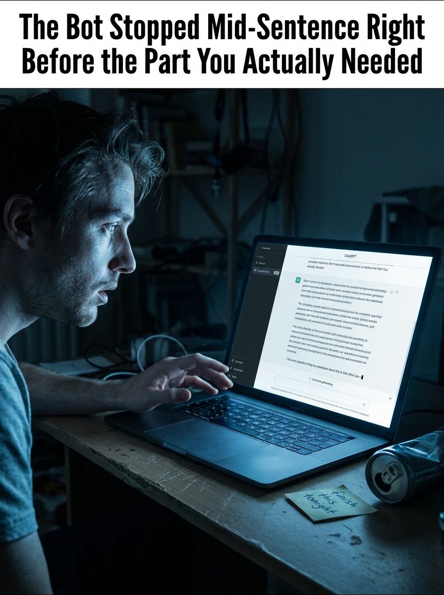 A person frozen in devastation staring at a laptop screen showing an AI chat response that ends abruptly mid-sentence with a blinking cursor.