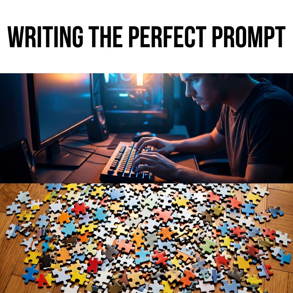 Split screen of hacker typing and messy puzzle pieces