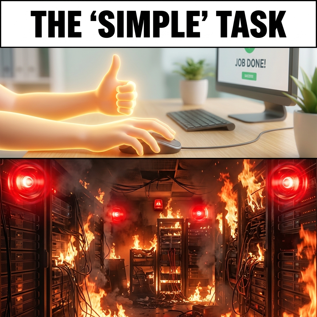 Split screen of thumbs up vs server room on fire